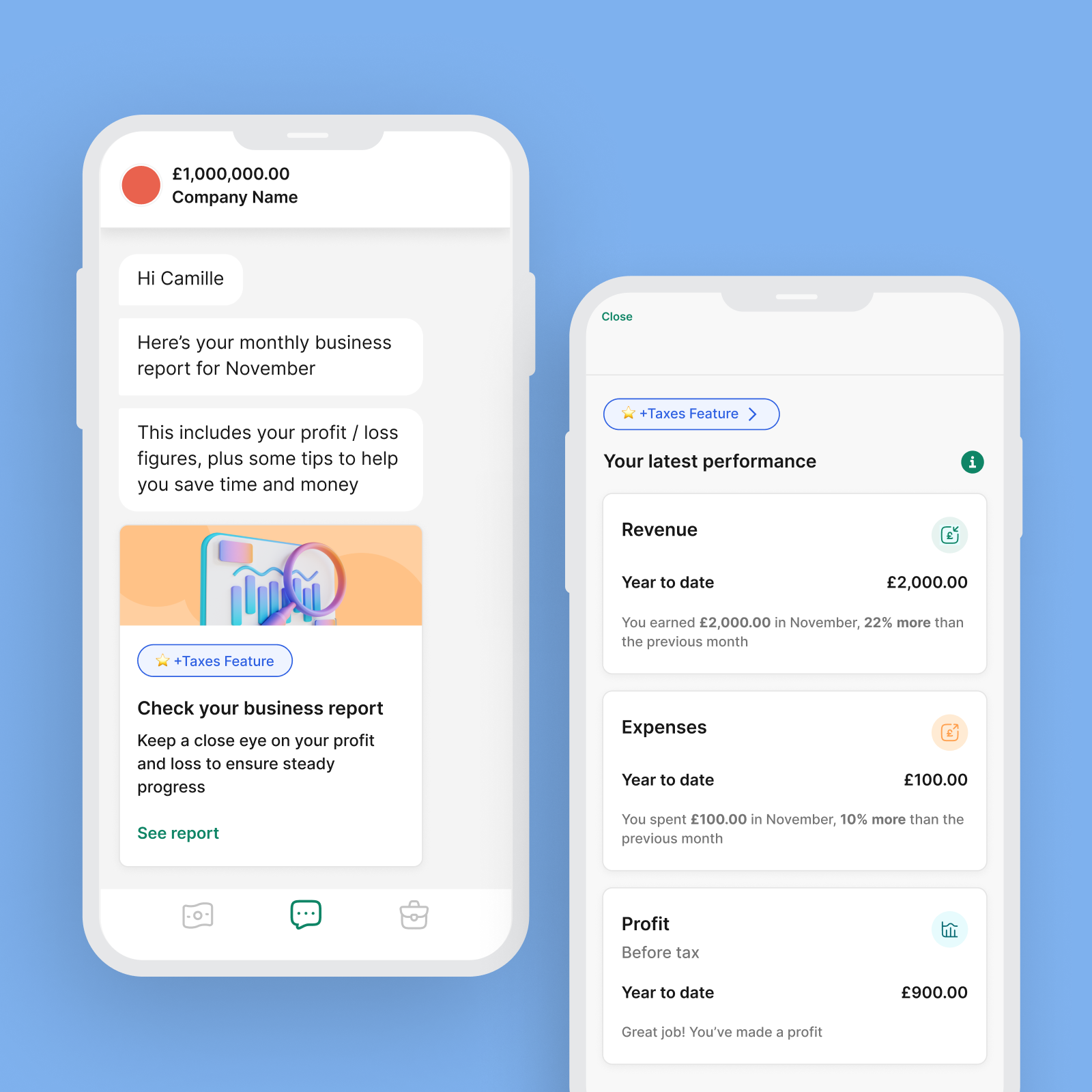Product Design example by Camille Brunette, ANNA Money Monthly Profit and Loss Report