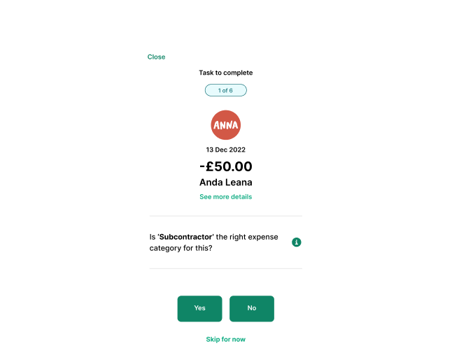 Yes / No task card asking whether a payment is the right expense category