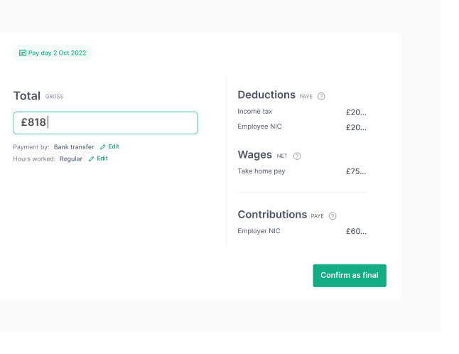 Close-up of the payslip calculating tax as the total pay is entered