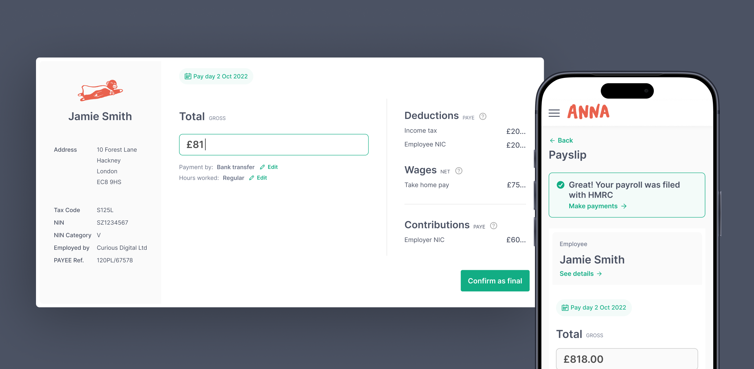 ANNA payroll payslip screens on desktop and mobile