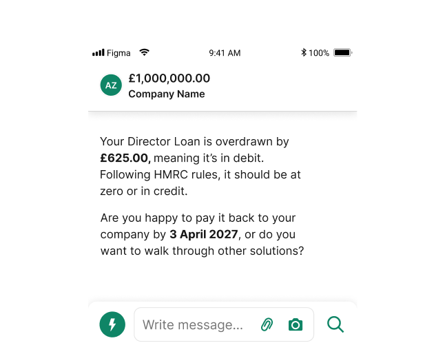 AI agent chat helping a customer resolve an overdrawn Director Loan account