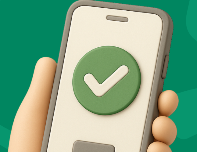 Illustration of a hand holding a phone showing an approval tick