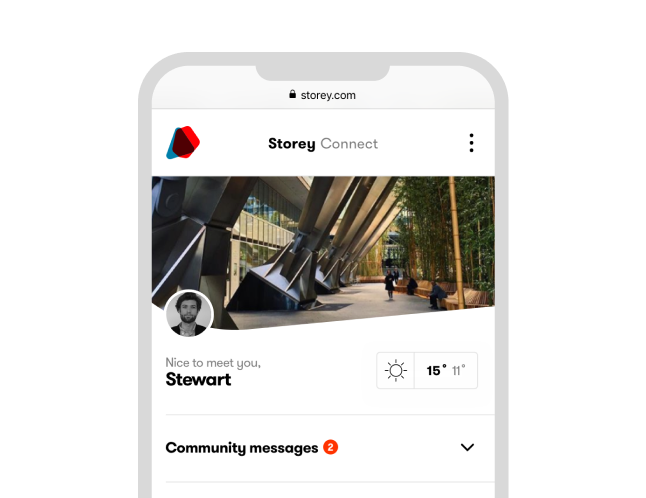 Storey Connect homepage on a phone, greeting the member with the weather and community messages