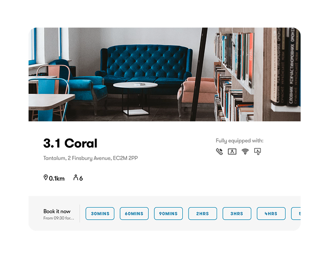 Room card for 3.1 Coral showing its location, capacity, equipment and quick booking times