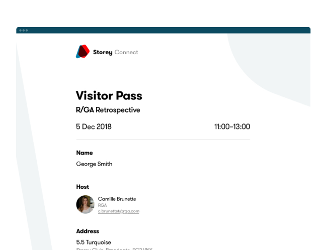 Visitor pass email showing the guest's name, host, date, time and address