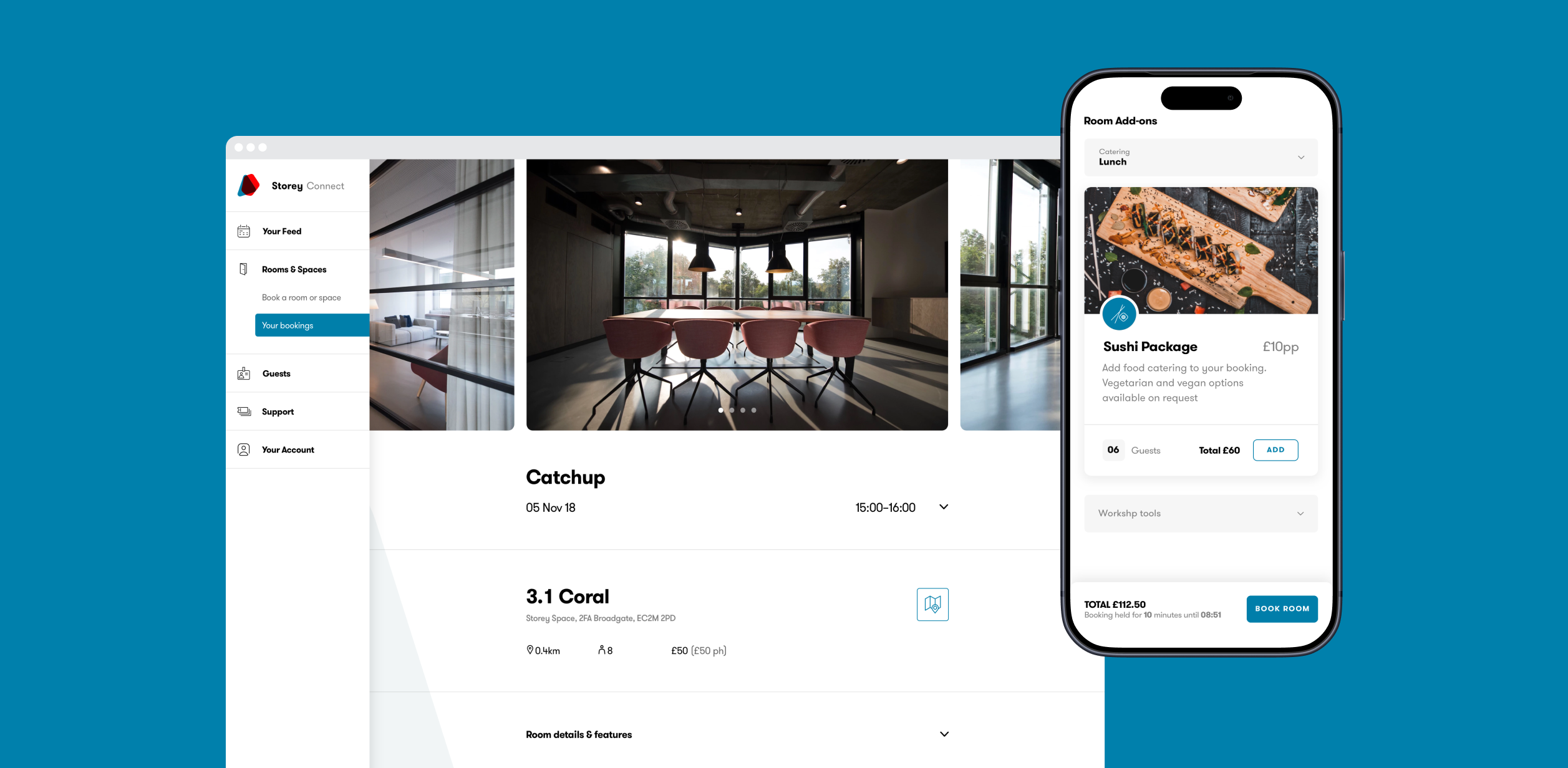 Storey workspace booking screens on desktop and mobile